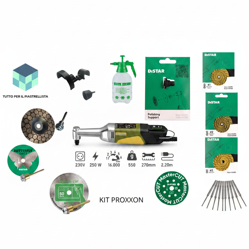 KIT MINI TRAPANO A COLLO LUNGO PROXXON BRUSHLESS (2026) + ACCESSORI DISTAR