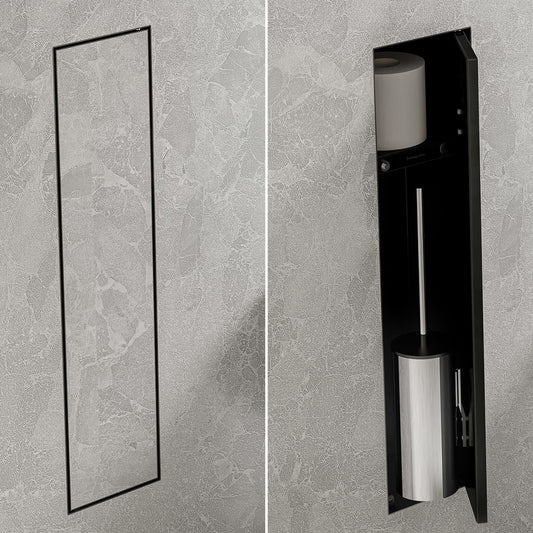 Mobiletto da incasso rivestibile per scopino e carta igienica